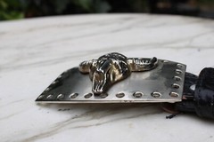 Silver Toned Metal Bull Steer Cow Head Face Belt Buckle & Leather Belt