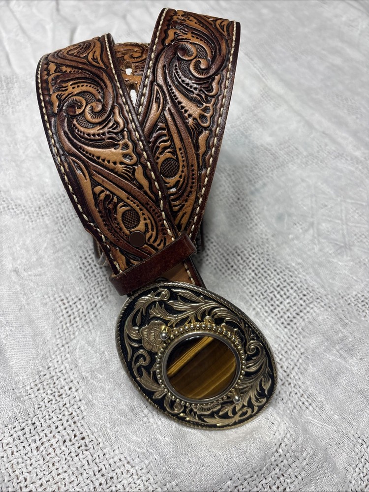 Tiger Eye Brass Tone Brown Belt Men Ladies Leather Embossing Western Cowboy