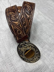 Tiger Eye Brass Tone Brown Belt Men Ladies Leather Embossing Western Cowboy