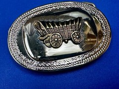 Vintage Covered Wagon On Reflective Oval Two Tone Western Belt Buckle