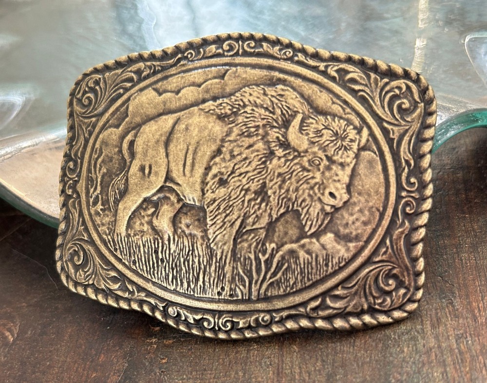 Brass Engraved Buffalo Belt Buckle Southwestern Cowboy Western Rodeo Style