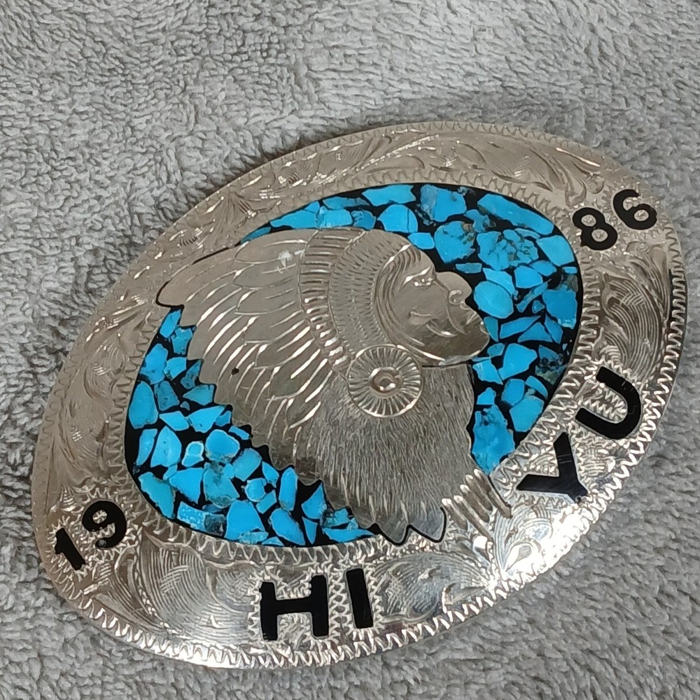 Vintage 1986 HI YU Native American Chief Turquoise Chip Inlay Belt Buckle