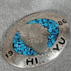 Vintage 1986 HI YU Native American Chief Turquoise Chip Inlay Belt Buckle