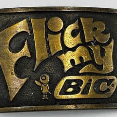 Vintage Flick My Bic Belt Buckle Brass Tone 1970s Advertising Made in USA Retro