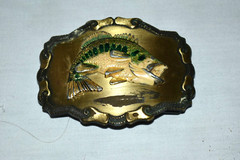 Vintage SOLID Metal RAIN TREE FISHING Colorful BASS BELT BUCKLE EUC