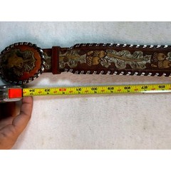 Vintage Tony Lama Western Belt & Buckle Men 34 Acorn Oak Silver Whipstitch USA