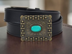 Western Turquoise Belt Buckle With Handmade Leather Strap| Rodeo Buckle For Men