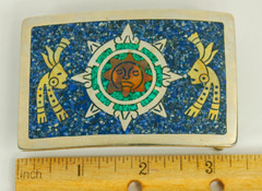 Aztec Sun Stone belt buckle western blue inlay on silver plate 3.5 inch
