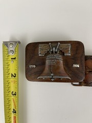 Vintage Unbranded 1776-1976 Liberty Bell Wood Belt Buckle w/ Sz 36 Leather Belt
