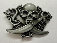 Vampire Teeth Skull Crossed Sword&rsquo;s Cutout Halloween Gothic Biker Belt Buckle
