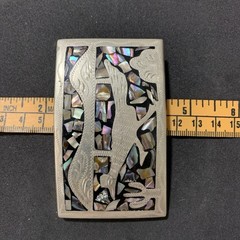 Western Belt Buckle with Roadrunner Bird Abalone Shell Southwest Cactus Inlaid
