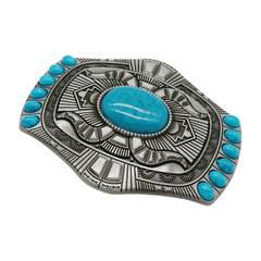 Men Silver Metal Buckle Rodeo Western Decorative Turquoise Blue Beads Jeans Pant