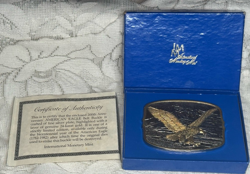 AMERICAN EAGLE BELT BUCKLE Layer 24K Gold by INTERNATIONAL MONETARY MINT NEW COA