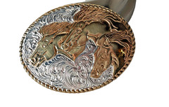 Crumrine Belt Buckle 3.75 x 3 in Horse Trio Oval Silver Engraved Gold 1.75