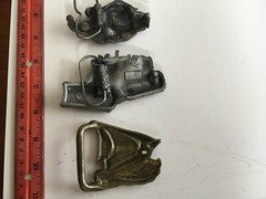 3 Vintage Belt Buckles – Snow Machine, Bull Dozer, Sail Boat – Unused