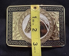 Western Horse Head Greek Key Engraved Belt Buckle Gold/Silver Metal 1.5in