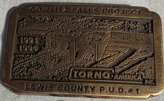 Vintage 1992 Metal Belt Buckle, Brass, Cowlitz Falls Project, Torno, Lewis Count