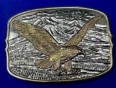 Vintage Soaring Patriotic USA Eagle Hawk w/ Mountains Belt Buckle 3.5” x 2.5”