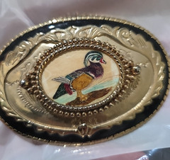 Vintage Wood Duck Belt Buckle Western Gold Tone Enamel Hand Painted Wildlife Hun