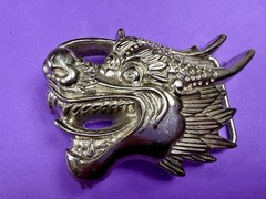 Mystical Asian Chinese Dragon Head Figural Cutout Silver Color Belt Buckle