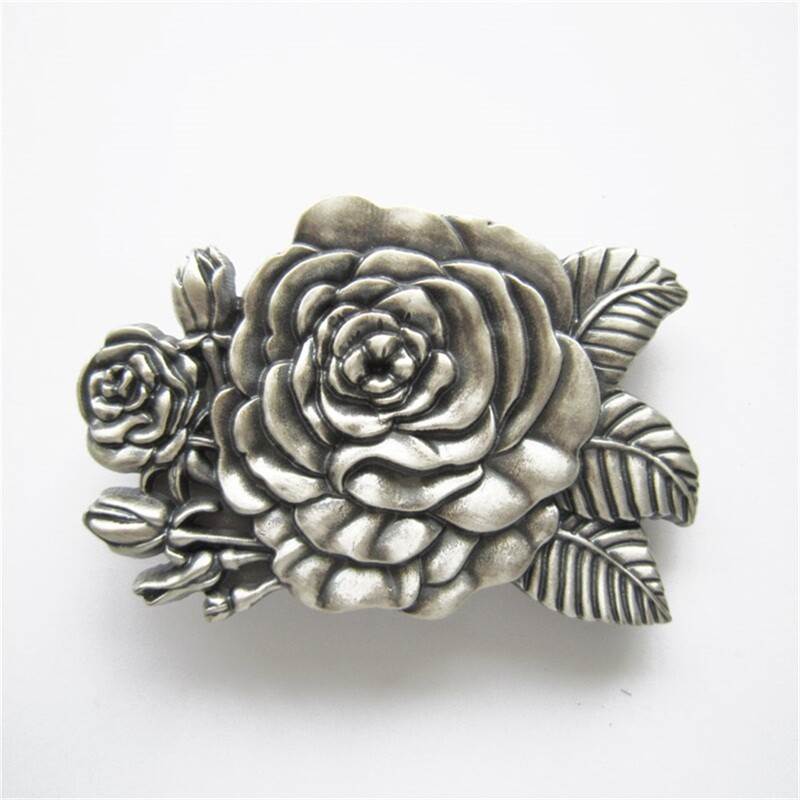 Vintage Silver Plated 3D Sculpt Western Rose Flower Belt Buckle