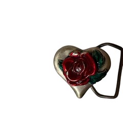Vintage Heart Rose Belt Buckle Silver Tone Red Green Enamel Made in USA 1983