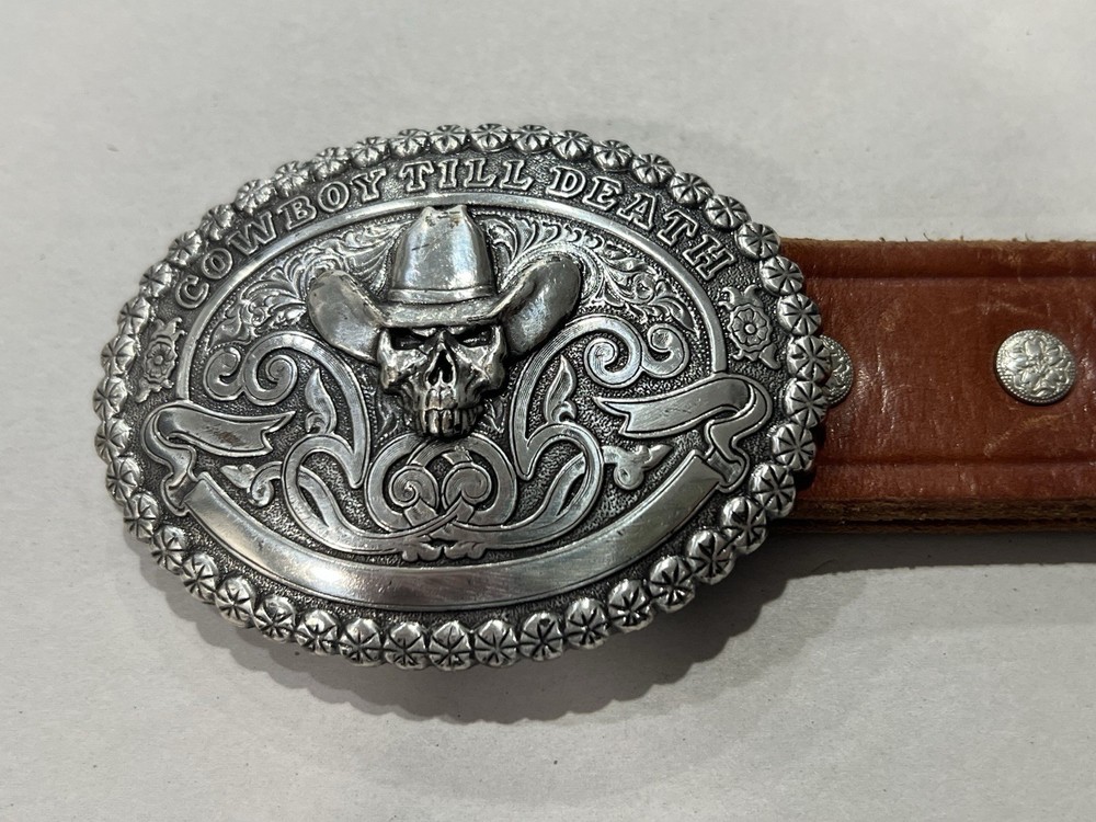 Crumrine Western Belt Buckle Cowboy Till Death Silver Creek Brown 36
