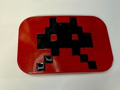 Iconic Pixelated Alien Space Invaders Arcade Game Red Black Enamel Belt Buckle