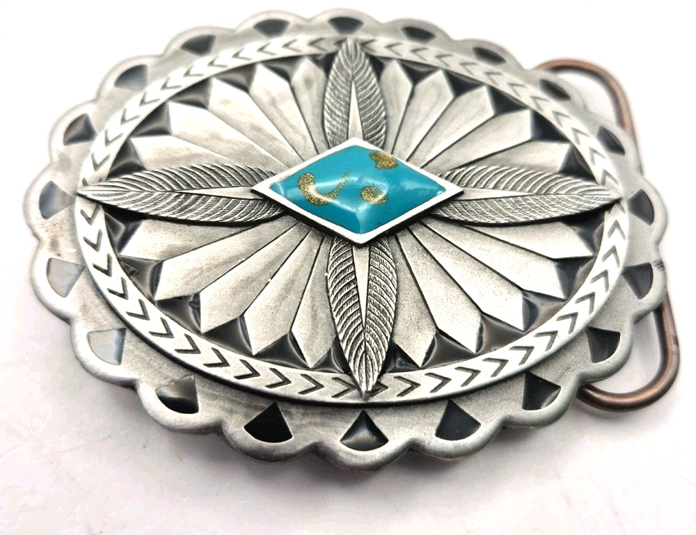 Vintage Siskiyou Pewter Belt Buckle 2.5&Prime; Southwestern Made In USA Stone Center