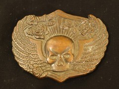 Winged Head Skull Pewter Belt Buckle Vintage Brass Flying Skull With Roses, USA