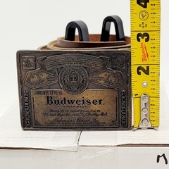 Vintage 1970s-era Budweiser Beer Brass Belt Buckle Anheuser-Busch + Leather Belt