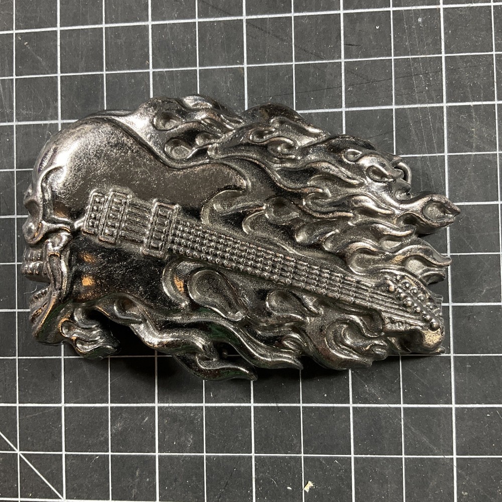 Skull Guitar Flame Belt Buckle 4 3/8&Prime; x 2 3/4&Prime; Heavy Metal Rock N Roll