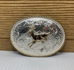 Montana Silversmiths Oval Outdoor Buck Belt Buckle Silver/Gold Rope Edge