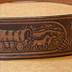 Tex Tan vintage USA made brown Leather Western Tooled buckle belt. 26