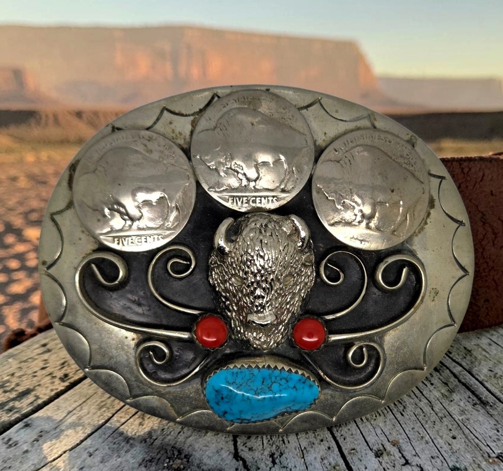 Vintage Buffalo Nickel Belt Buckle Turquoise Coral Southwestern Western Silver