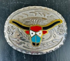Silver Toned Longhorn Steer Cattle Belt Buckle Cowboy Cowgirl Vintage Western