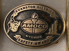 Vintage 1987 Metal Belt Buckle, Brass, Amoco, Wyoming, Evanston District, Petrol