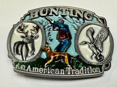 Hunting An American Tradition Vintage Belt Buckle Deer Duck Dog Colorful USA
