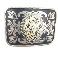 Western Belt Buckle Spotted Stone Center Dalmation Jasper Agate Metal Cowboy Vtg