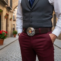 Men Women Silver Metal Belt Buckle Round Spinning Arrows Spain Flag Circle Shape