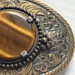 Vtg Western Belt Buckle Gold Tone Brown Stone Brass Made In USA Unbranded