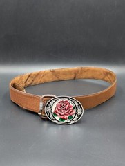 Vintage Siskiyou 1991 Pewter Belt Buckle Red Rose Enamel Ashland, Oregon