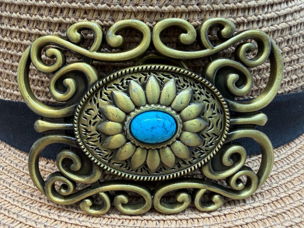 Vintage Western Cowboy Antiqued Bronze Rectangle Floral Turquoise Belt Buckle