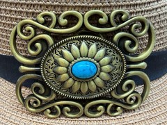 Vintage Western Cowboy Antiqued Bronze Rectangle Floral Turquoise Belt Buckle
