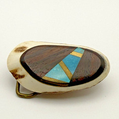Vintage Antler Burr w/ Inlaid Wood Turquoise & Brass w Leather Back Belt Buckle