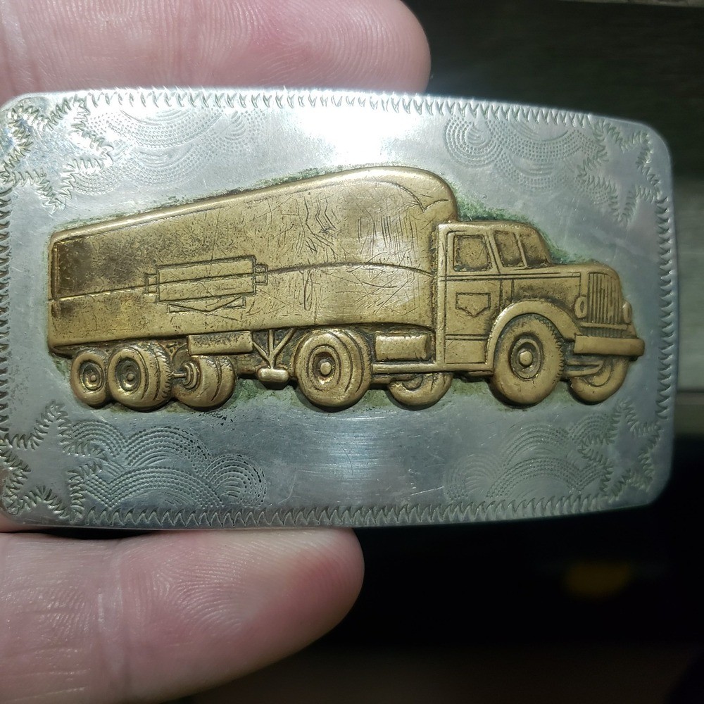 Vintage German Silver Semi Truck Belt Buckle Engraved Brass Tone Big Rig Men