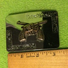 Vtg ~ Belt Buckle ~ 2 Crossed Guns ~ Silver Tone ~ Made In USA