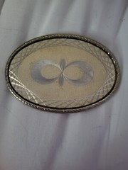 Goldtone Silvertone Cream Colored Etched Metal Belt Buckle