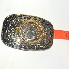 Vintage Western Blank Floral Scroll Belt Buckle Gold Silver Tone Black Enamel