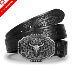 LALATCH Cowboy Belts for Men XS 28&Prime;-32&Prime; Waist, Silver Bull Buckle/ Black